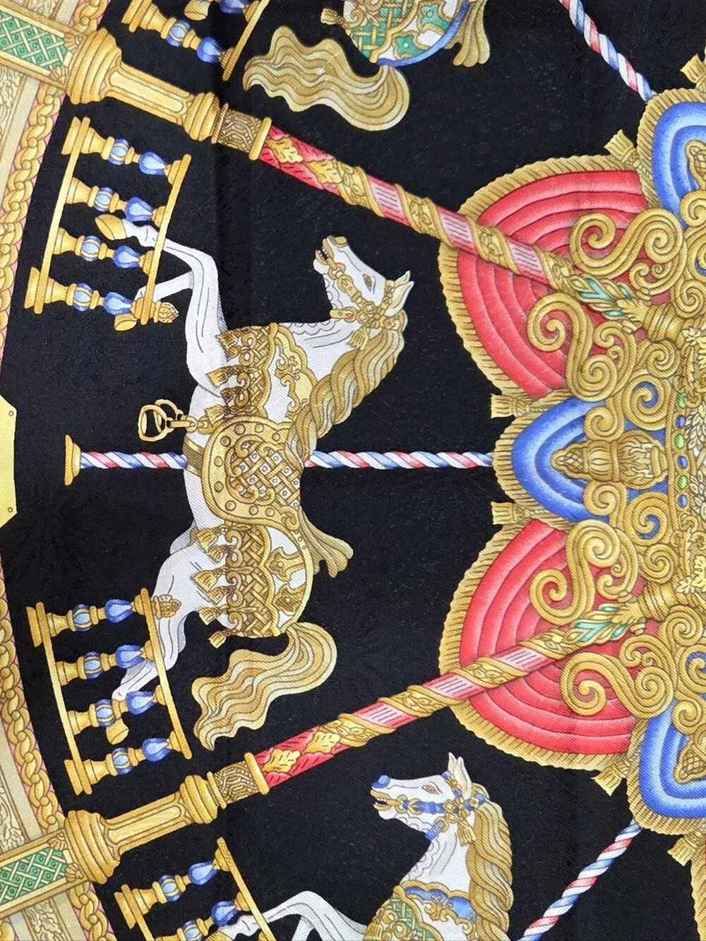 Hermes MINT Luna Park Silk Scarf 90cm/ 35" Black Carousel Horses Gold Pink Blue - Picture 7 of 17